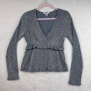 Caution‎ to the Wind Womens S Knit Top Blue White Striped Ruffle Front Deep V